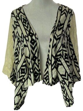 ANAMA Women Open Front Aztec Design Kimono Lace Sleeve Blouse Sz S Black 24-10